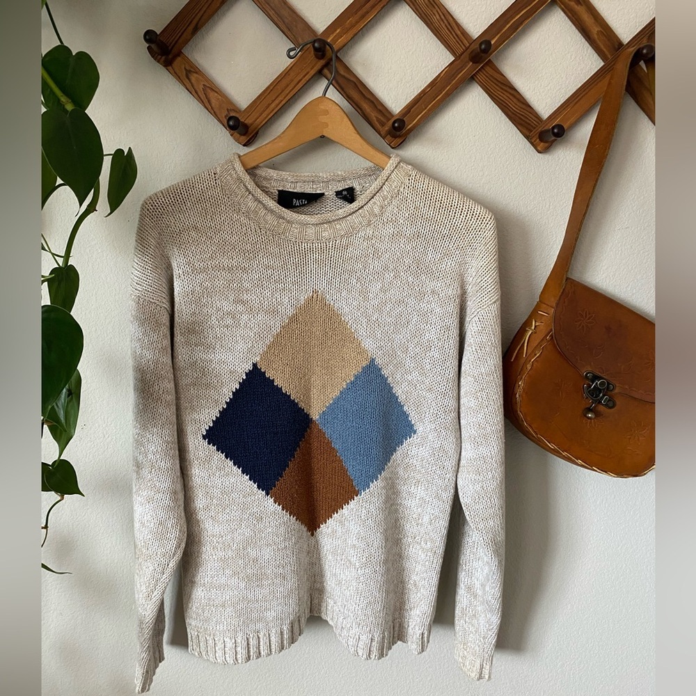 Vintage 90s Pasta Cotton Knit Geometric Sweater Size Medium Retro Sweater